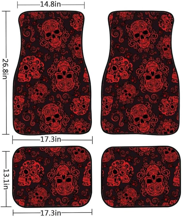 Gothic Skull Print Car Carpet Floor Mat Rubber Heel Pad 4PC for Cars Trucks SUV Protection - Driver Seat, Black Red Skeleton Passenger Seat and Rear Floor Mats