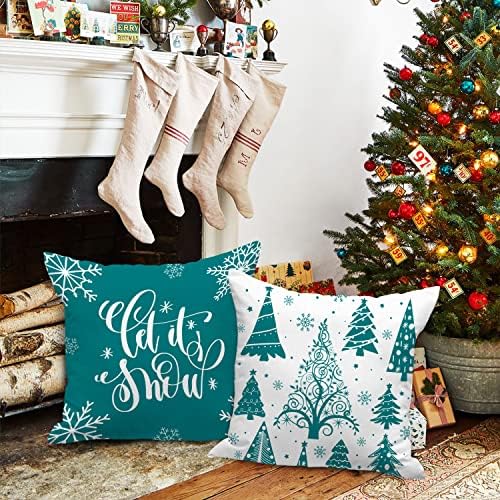Lanpn Christmas Throw Pillow Covers 22x22 Set of 4, Merry Christmas Winter Xmas Snowflake Decorative Holiday Cushion Pillow Cases 22 x 22 for Outdoor Indoor Farmhouse Home Room Couch Decor (Teal) - Image 6