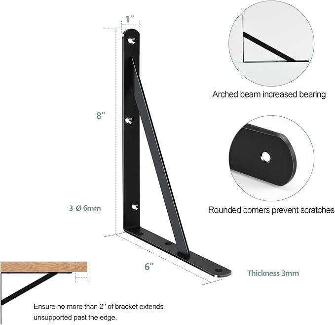 12 Pack L8 x H 6" Black Heavy Duty Shelf Brackets - Image 2