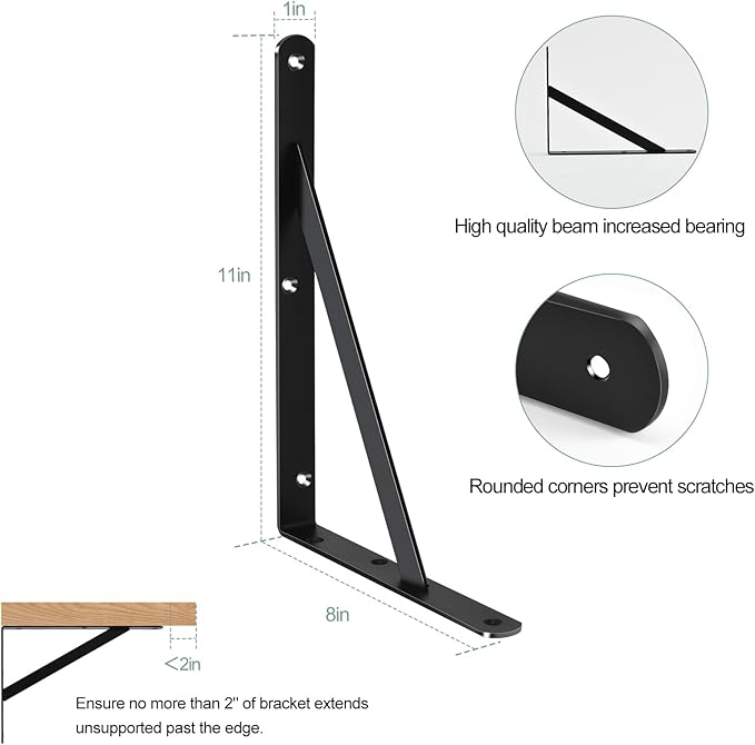 6 Pack L11 x H 8" Black Heavy Duty Shelf Brackets - Image 2