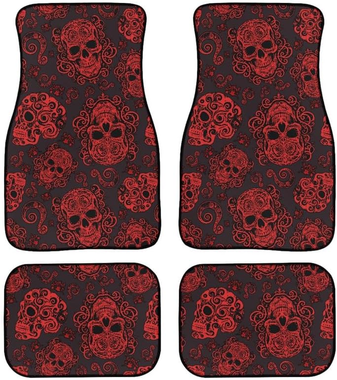 Gothic Skull Print Car Carpet Floor Mat Rubber Heel Pad 4PC for Cars Trucks SUV Protection - Driver Seat, Black Red Skeleton Passenger Seat and Rear Floor Mats