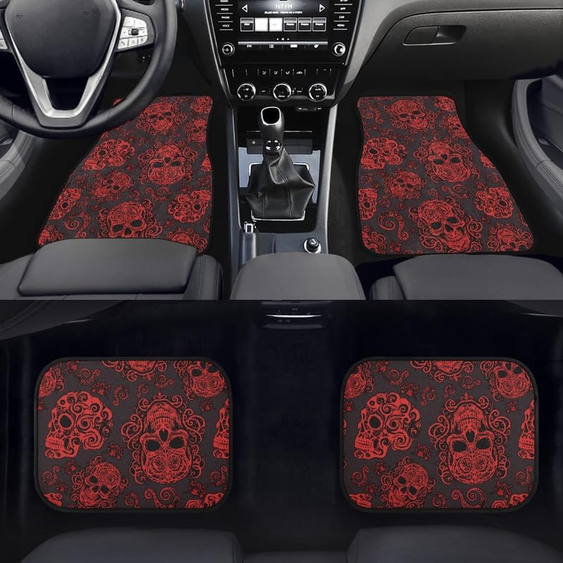 Gothic Skull Print Car Carpet Floor Mat Rubber Heel Pad 4PC for Cars Trucks SUV Protection - Driver Seat, Black Red Skeleton Passenger Seat and Rear Floor Mats