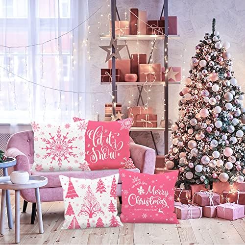 Lanpn White and Pink Christmas Throw Pillow Covers 16x16 Set of 4, 16 inch Decorative Xmas Cushion Covers Pillow Cases for Home Bedroom Room Holiday Couch Decor Decorations - Image 5