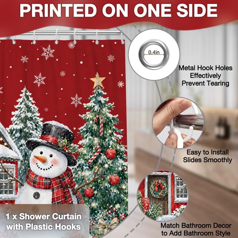 Red Christmas Shower Curtain for Bathroom, 72x78 Inch Waterproof Fabric - Image 5