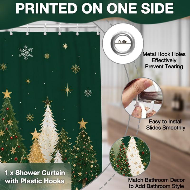 Green Christmas Shower Curtain, 60x72 Inch Waterproof Fabric - Image 5