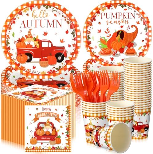 Sliner 180 Pcs Thanksgiving Disposable Dinnerware Set, Red Car Pumpkin by Sliner