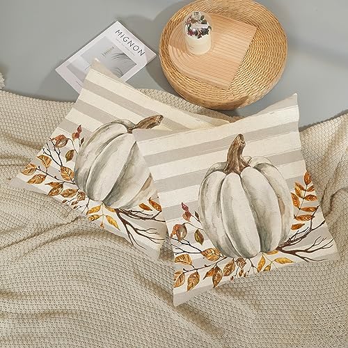 Fall Pillow Covers 18x18 Set of 2 Pumpkin Leaf Branch and Stripes Fall Decor Pillowcase Linen Autumn Thanksgiving Decorative Outdoor Throw Pillow Covers Farmhouse Cushion Case for Couch Home - Image 6