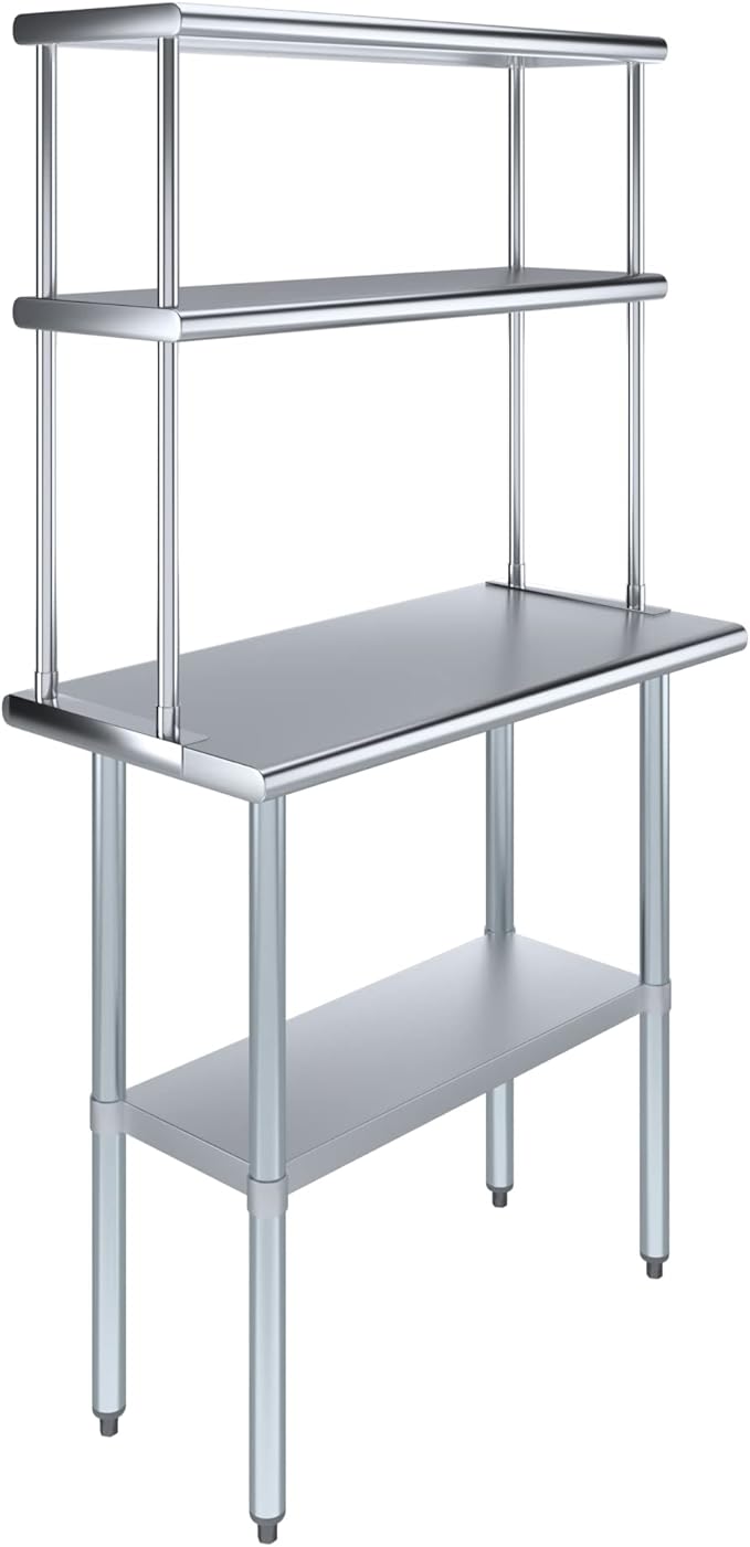 Amgood Stainless Steel Work Table Double Tier Overshelf | Metal Kitchen Prep by AmGood