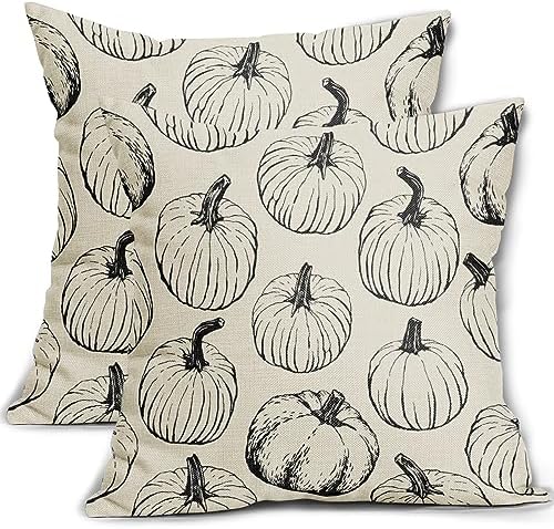 Fall Pillow Covers 18x18 Set of 2 Balck Pumpkin Autumn Themed Thanksgiving Harvest Print Decorative Throw Pillows Outdoor Pillowcase Farmhouse Linen Cushion Case Decor for Sofa Couch Bed by Aytipun