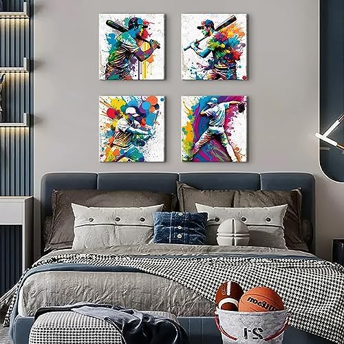 Sports Decor for Boys Room Watercolor Baseball Wall Art Pop Baseball Athletes Pictures Canvas Prints Modern Artwork Mens Bedroom Colorful Painting Office Study Living Room Home Decorations 20x20” 4Pcs - Image 3