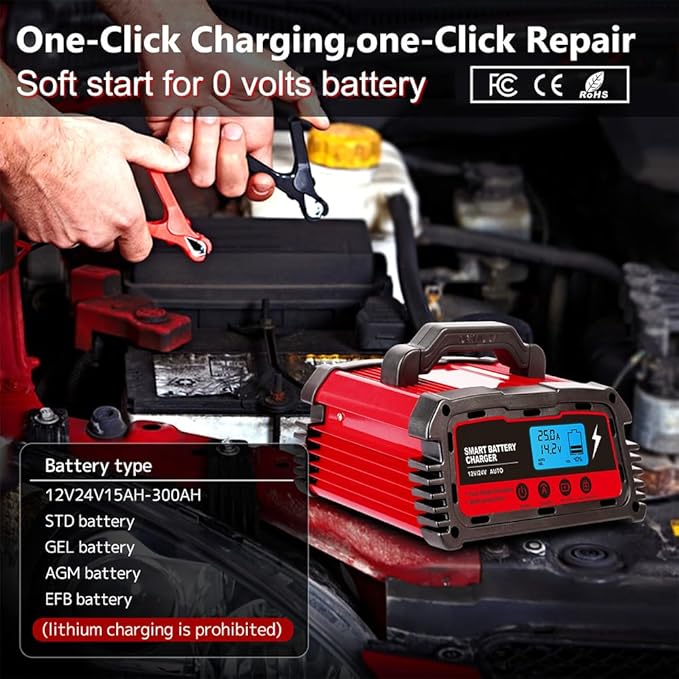 LVYUAN 2/10/25 Amp Car Battery Charger, 12V Fully Automatic Smart Battery - Image 3