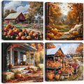 Rustic Fall Pumpkin Wall Art Farmhouse Barn Landscape Wall Decor for Living Room Vintage Autumn Picture Bedroom Nature Country Scenery Canvas Print Modern Artwork Kitchen Home Decoration 12x12" 4P by sunfrower