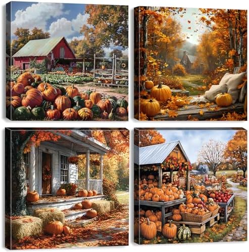 Rustic Fall Pumpkin Wall Art Farmhouse Barn Landscape Wall Decor for Living Room Vintage Autumn Picture Bedroom Nature Country Scenery Canvas Print Modern Artwork Kitchen Home Decoration 12x12" 4P by sunfrower