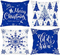 Lanpn Christmas Throw Pillow Covers 18x18 Set of 4, Merry Christmas Winter Xmas Snowflake Decorative Holiday Cushion Pillow Cases 18 x 18 for Outdoor Indoor Farmhouse Home Room Couch Decor (Blue) by Lanpn