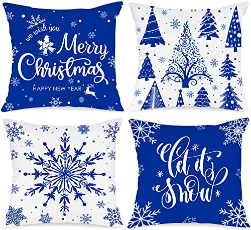 Lanpn Christmas Throw Pillow Covers 20x20 Set of 4, Merry Christmas Winter Xmas Snowflake Decorative Holiday Cushion Pillow Cases 20 x 20 for Outdoor Indoor Farmhouse Home Room Couch Decor (Blue) by Lanpn