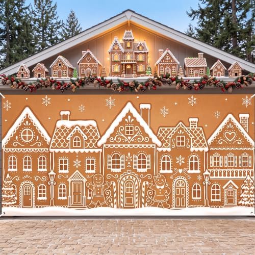 Christmas Gingerbread Village Garage Door Cover Decoration 7 x 16 ft by Preboun