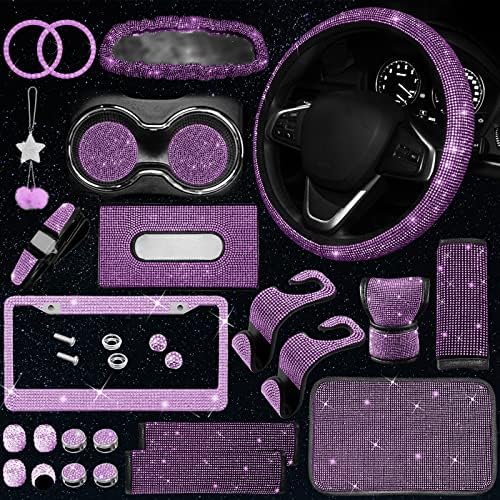25PCS Bling Car Car Accessories Set,15 Inch Steering Wheel Cover,Shiny License Plate Frame,Center Console Cover and Rearview Mirror Set and Other Car Accessories(Purple) by JINGSEN