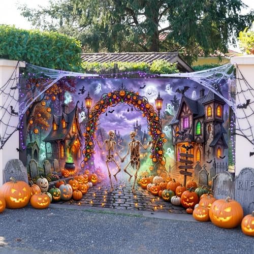 Halloween Garage Door Cover 16x7ft 2 Car Skeleton Pumpkin Arch Ghost Decor - Image 5