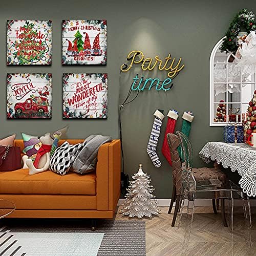 Christmas Wall Art Santa Claus Gnomes Picture Farmhouse Red Truck with Gifts Decor Christmas Tree Painting Colorful Balls Canvas Poster Xmas Artwork for Bedroom Living Room Decoration 12x12" 4Pcs - Image 5