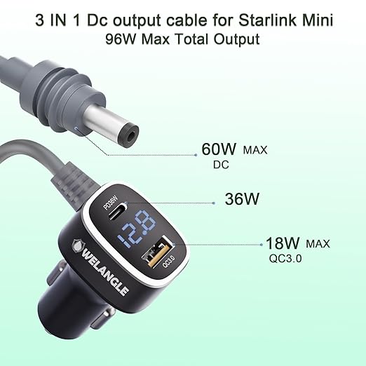 3 in 1 Car Power Cable for Starlink Mini Cigarette Lighter Adapter, Car Charger - Image 2