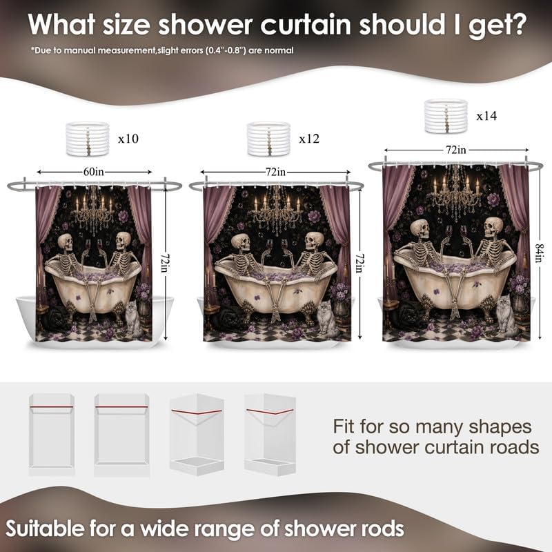 Gothic Halloween Skull Shower Curtains Funny Spooky Skeleton Lovers in Bathtub Shower Curtains for Bathroom Pink Black Halloween Home Decor Fabric Washable with 10 Hooks, 60x72 Inch - Image 2