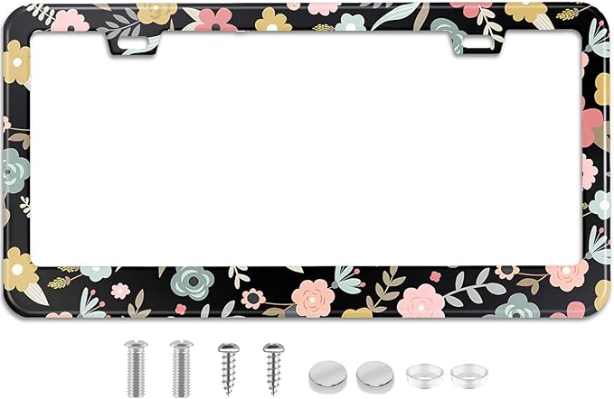 Black Cute Cartoon Floral License Plate Frame Colorful Flowers Stainless Steel by TXWWXT