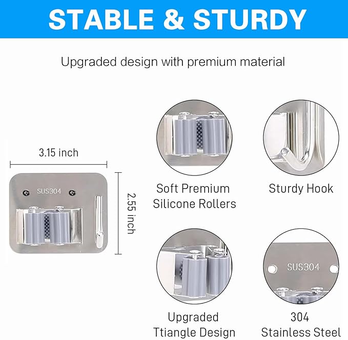 5 Pack Broom Holder Heavy Duty Stainless Steel Broom Hanger - Image 2