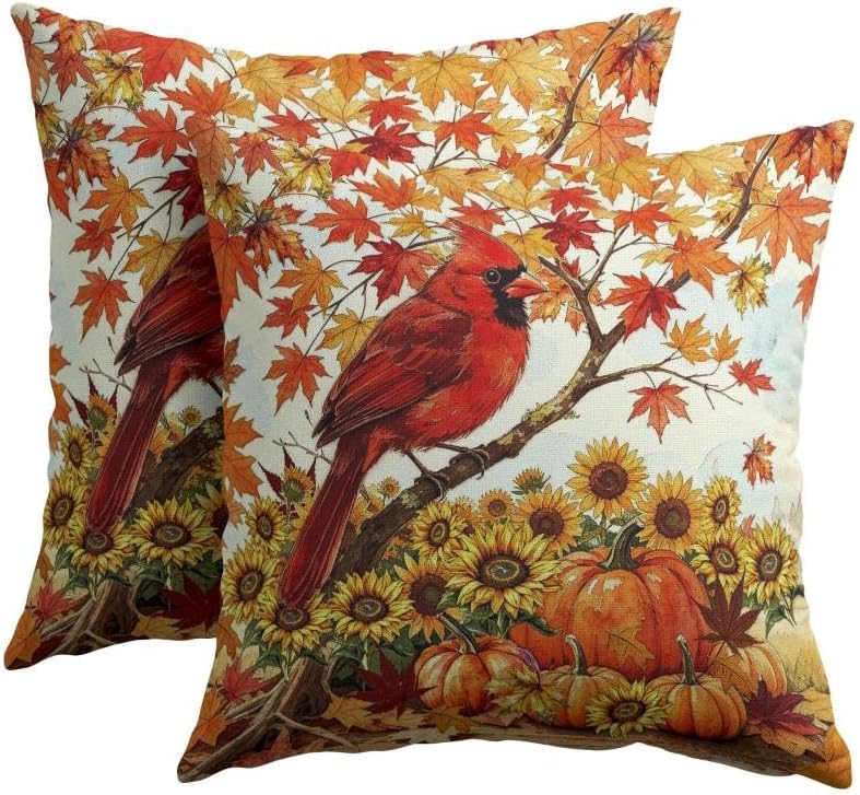 Fall Red Cardinal Bird Pillow Covers 24x24 Set of 2 Sunflower Thanksgiving by Trongr