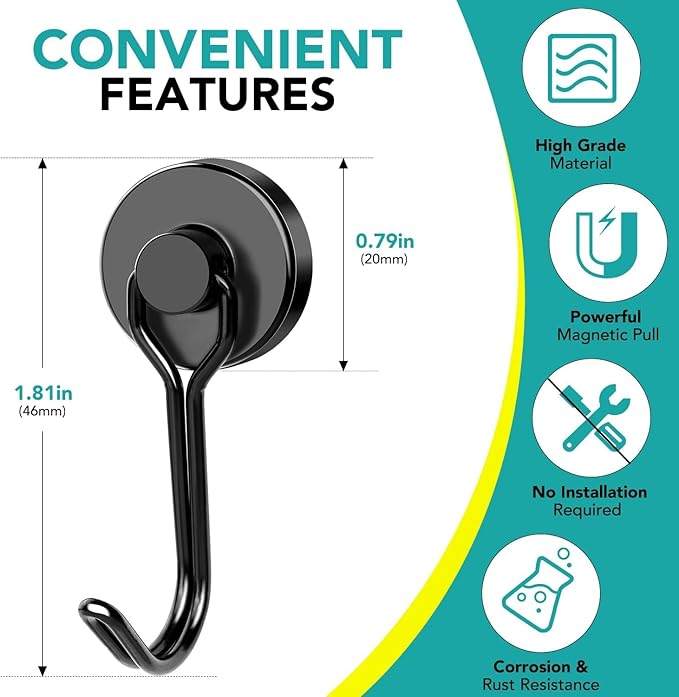 DIYMAG Black Magnetic Hooks, 110LBS Strong Magnetics Heavy Duty, Magnet Hook - Image 2