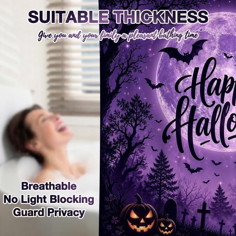 Extra Long Shower Curtain 72x84 Inch Spooky Halloween Shower Curtain Full Moon Horror Forest Scary Pumpkin Bathtub Curtains for Bathroom Halloween Home Decor with 14 Hooks - Image 6
