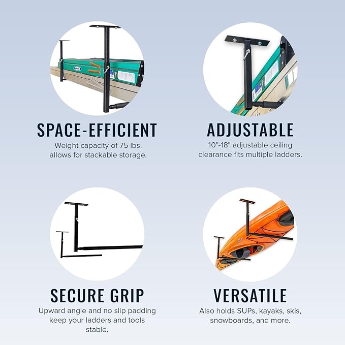 StoreYourBoard Adjustable Ceiling Rack – Hi Port 2 Garage Ceiling Ladder Hanger - Image 5