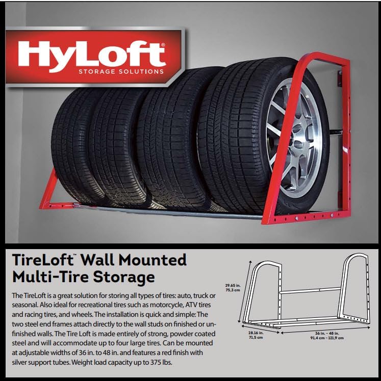 HyLoft Model 01012 Tire-Loft Multi Tire Storage System Rack, Adjustable Width of 36 Inches to 48 Inches, Holds Up To 375 Pounds, Red - Image 7