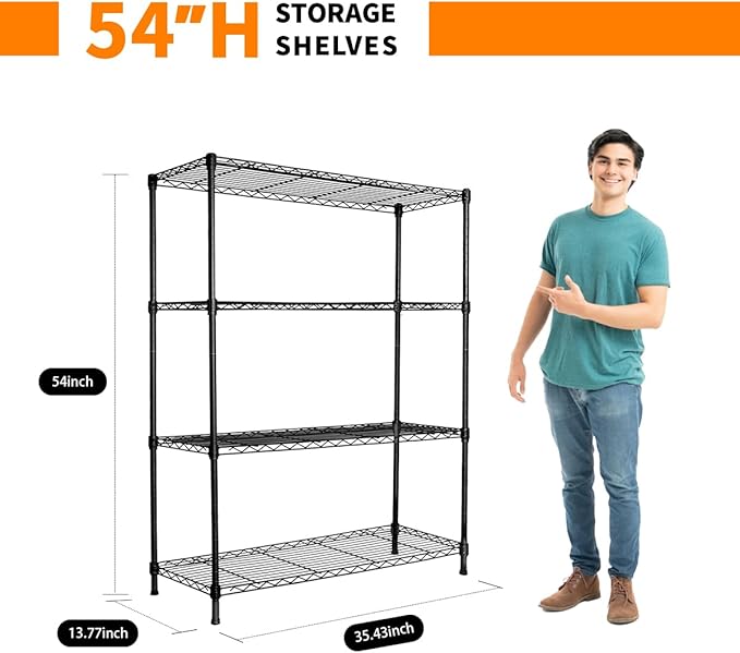 Heavy-Duty Black 4 Tiers Steel 36x14x54 Wire Shelving NSF Certified. Adjustable - Image 3