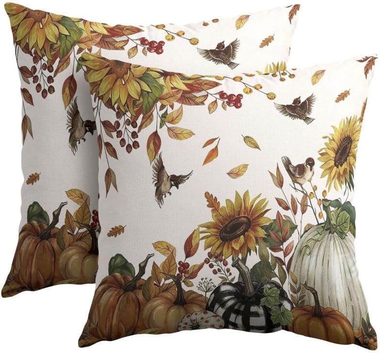 Fall Sunflower Throw Pillow Covers 20x20 Set of 2 Autumn Buffalo Plaid Pumpkin Thanksgiving Pillow Covers Bird leaves berries Pillowcase Vintage for Kitchen Sofa Cushion Outdoor Bedroom Decoration by Trongr