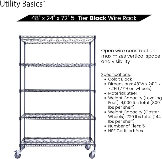 48"x24"x72" Black 5-Tier Premium Wire Shelving NSF 4000 LBS MAX Capacity Heavy - Image 5