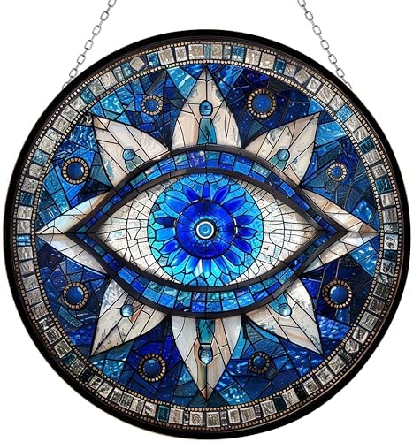 Evil Eye Stained Glass Window Hangings, Cat Butterfly Sunflower Handcrafted Stained Glass Suncatchers, Gift for Cat Lovers Nature Lovers (12”x12”) by 365CUSGIFTS