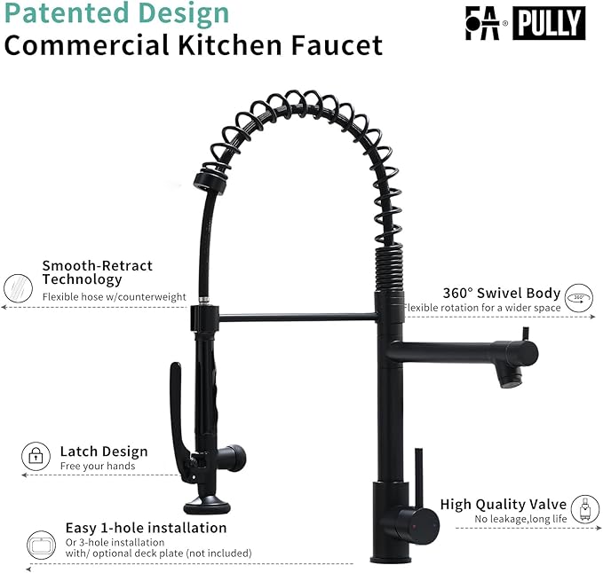 Fapully Black Kitchen Faucet, Commercial Pull Down Kitchen Sink Faucet - Image 7