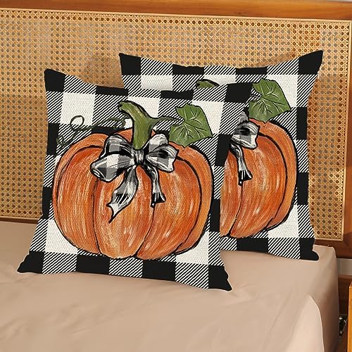 Fall Pillow Covers 24x24 Set of 2 Pumpkin Maple Leaves and Buffalo Plaid Fall Decor Pillowcase Linen Autumn Thanksgiving Decorative Outdoor Throw Pillow Covers Farmhouse Cushion Case for Couch - Image 2
