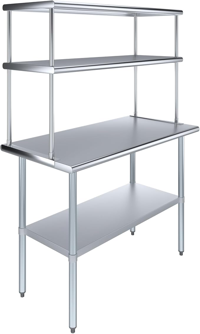 Amgood Stainless Steel Work Table Double Tier Overshelf | Metal Kitchen Prep by AmGood