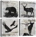 Rustic Animals Office Decor Wildlife Wall Art Canvas Print Eagle Elk Bear Black and White Silhouette Painting Picture Artwork for Living Room Bedroom Home Decoration Ready to Hang 20x20 Inch 4 Panels by sunfrower