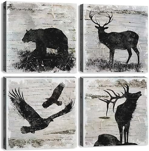 Rustic Animals Office Decor Wildlife Wall Art Canvas Print Eagle Elk Bear Black and White Silhouette Painting Picture Artwork for Living Room Bedroom Home Decoration Ready to Hang 16x16 Inch 4 Panels by sunfrower