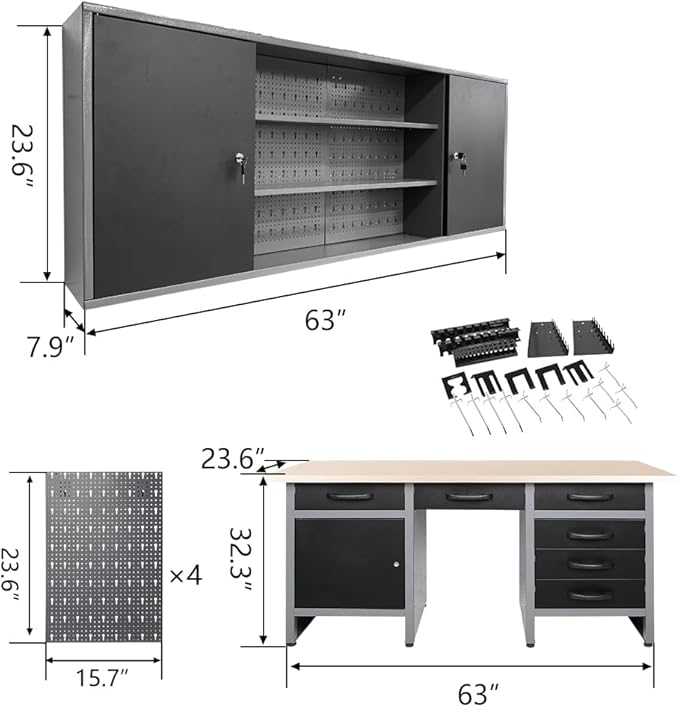 JZD Metal Storage Organization System, Wall Mount Tool Cabinet, Wood Tabletop - Image 3
