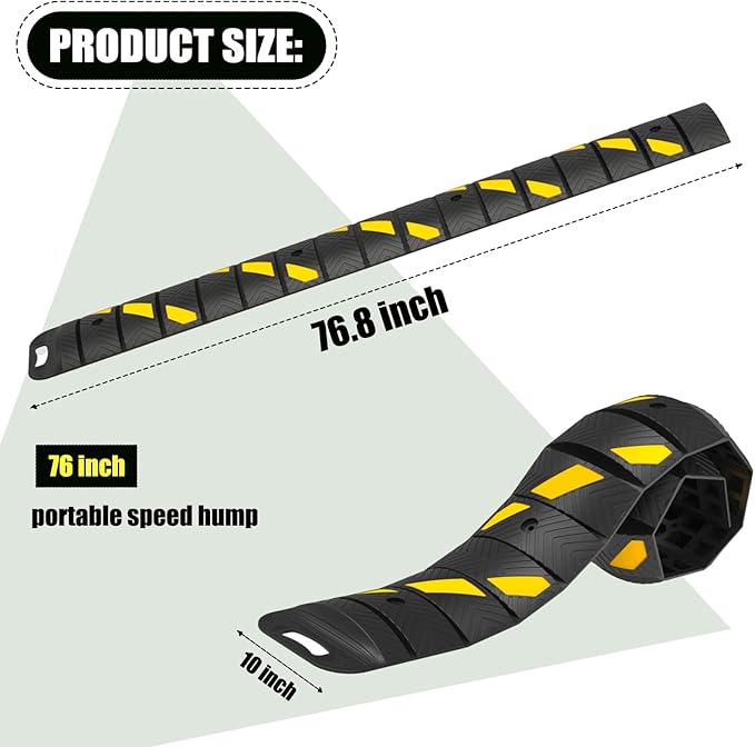 76"x10"x 2" Portable Rubber Speed Bump Reflective Yellow-Black, Quick to fold - Image 2