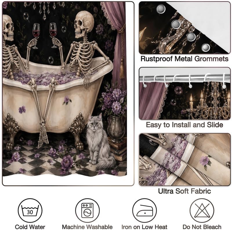 Gothic Halloween Skull Shower Curtains Funny Spooky Skeleton Lovers in Bathtub Shower Curtains for Bathroom Pink Black Halloween Home Decor Fabric Washable with 10 Hooks, 60x72 Inch - Image 4