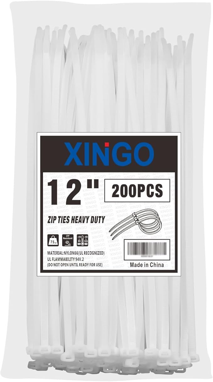 XINGO 12 Inch White Zip Ties 200 PCS, 75 LBS Ultra Strong Tensile Strength by XINGO