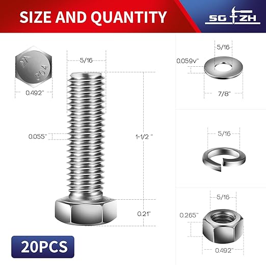 5/16-18 x 1-1/2" Hex Head Screw Bolt, Flat & Lock Washers, Fully Threaded - Image 2