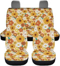 Retro Sunflower Flowers and Trippy Hippie Car Accessories 60S 70S Groovy Daisy Floral Print Front Black Seat Covers Full Set of 4 Pcs Aesthetic Accessories for Cars Truck Vehicle Interior