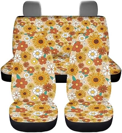 Retro Sunflower Flowers and Trippy Hippie Car Accessories 60S 70S Groovy Daisy Floral Print Front Black Seat Covers Full Set of 4 Pcs Aesthetic Accessories for Cars Truck Vehicle Interior
