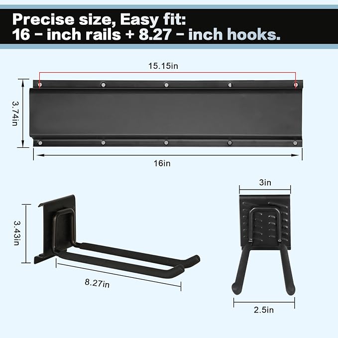 Garage Tool Organizer Wall Mount 48in- 6 Heavy Duty Hooks, 360lbs Capacity - Image 2