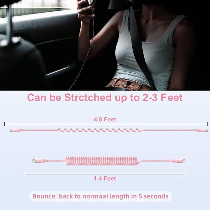 USB C to C Cable 3FT for Car, Coiled USB C Fast Charging Cable for iPhone 16 - Image 7